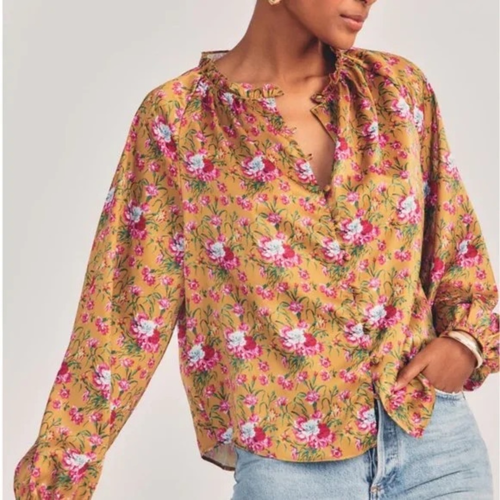 LoveShackFancy NEW Manchester Blouse Long Sleeve Satin Gold Floral print Size XS